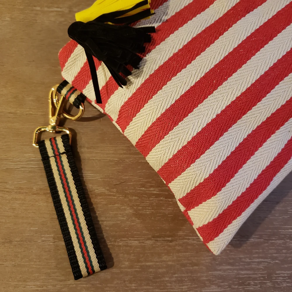 NEW! Red & White Striped Zip Pouch w/ Yellow Tassle